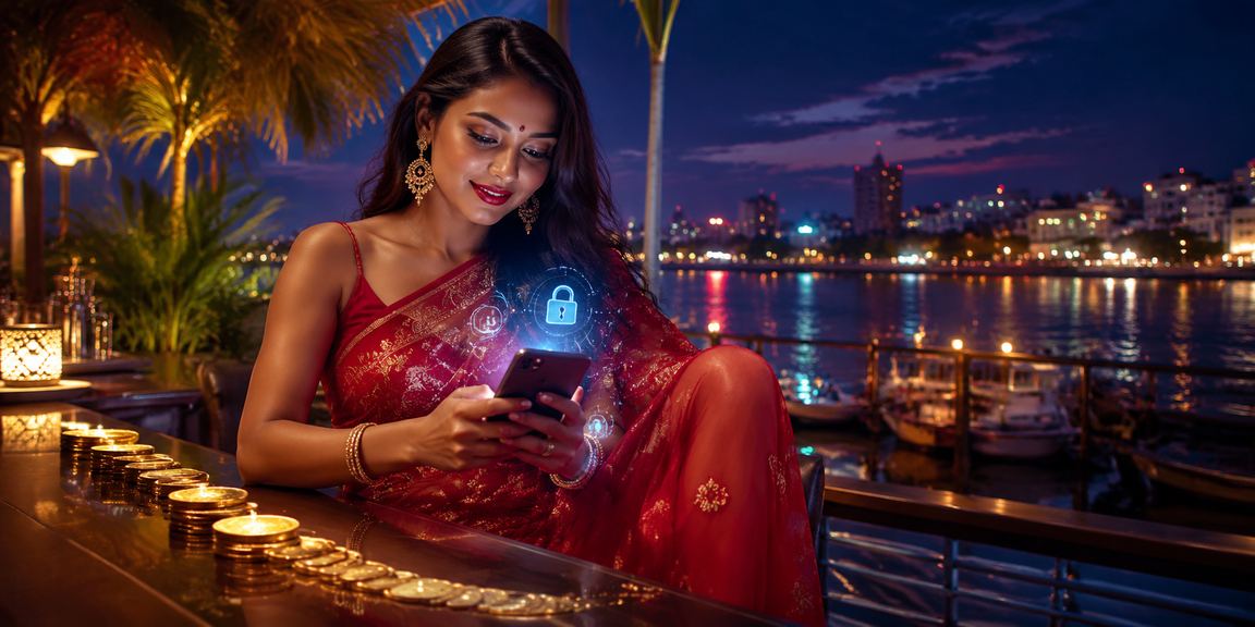বারিশালে সরিষা শাড়ি পরা একজন মহিলা মোবাইল ক্যাসিনো অ্যাপ ব্যবহার করছেন